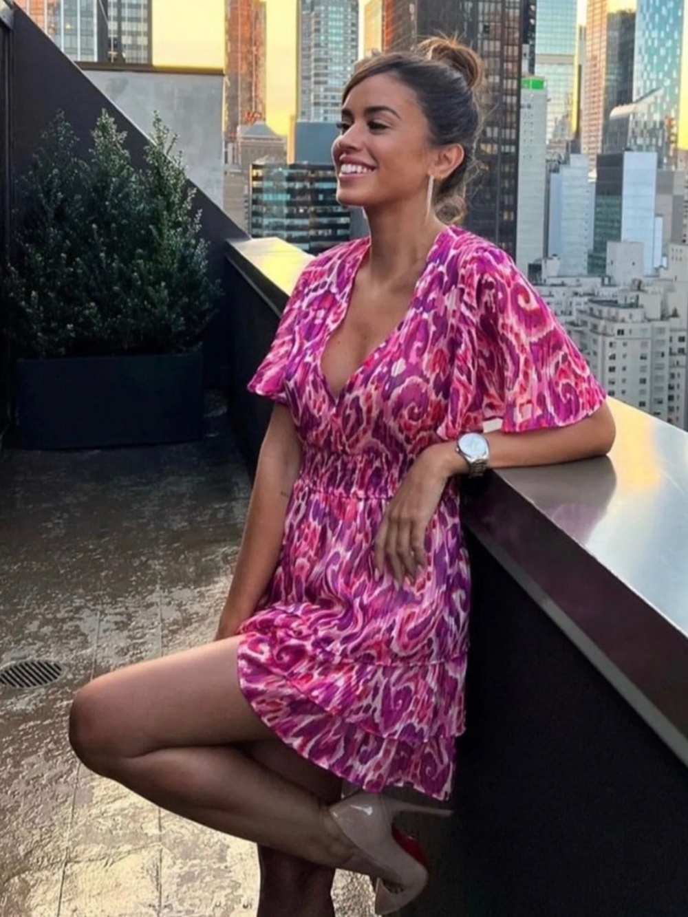 ZARA Metallic Gold Thread Plunging Mini Dress, Colorful Print, Leopard, Bright.